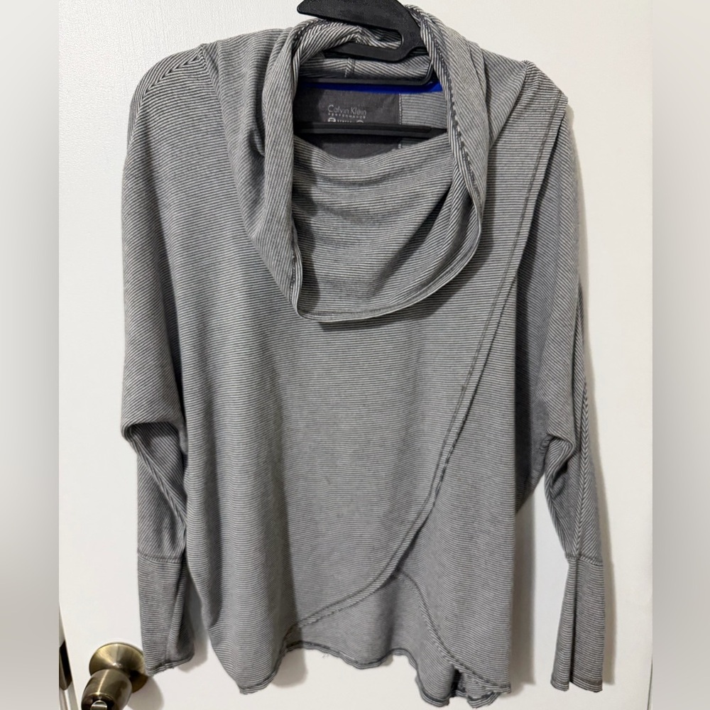 Calvin Klein Performance Striped Cowl Neck Pullover Top Gray Stretch Small